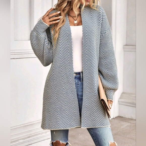 * New Cozy Chic Chevron Stripe Knit Cardigan Sweater Duster Blue Off White - Picture 1 of 8